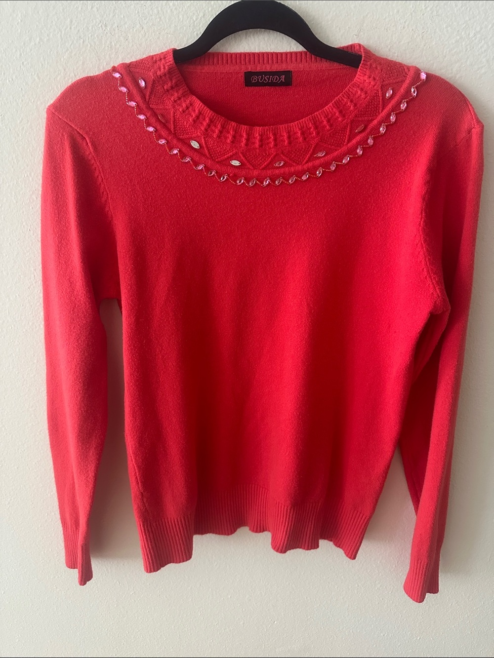 Red Jewel-Trim Crewneck Sweater